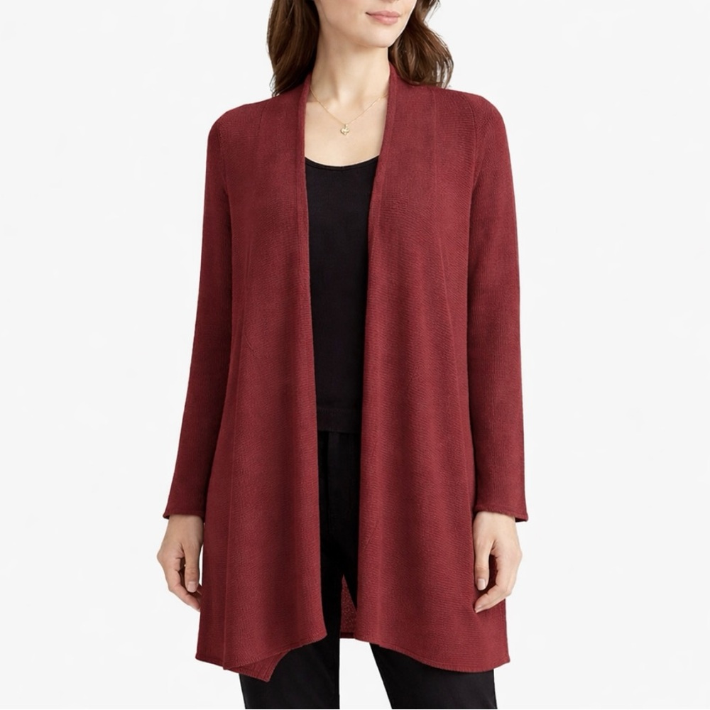 EILEEN FISHER Burgundy Cotton Linen Rib Knit Open Cardigan Relaxed Comfort Small
